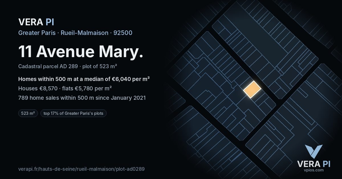 11 Avenue Mary, Rueil-Malmaison at night – the plot lit, the parcels around coloured by the prices near them