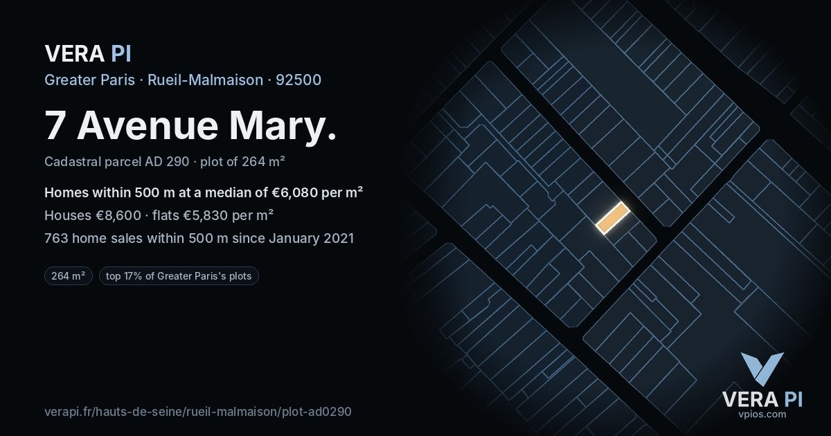 7 Avenue Mary, Rueil-Malmaison at night – the plot lit, the parcels around coloured by the prices near them