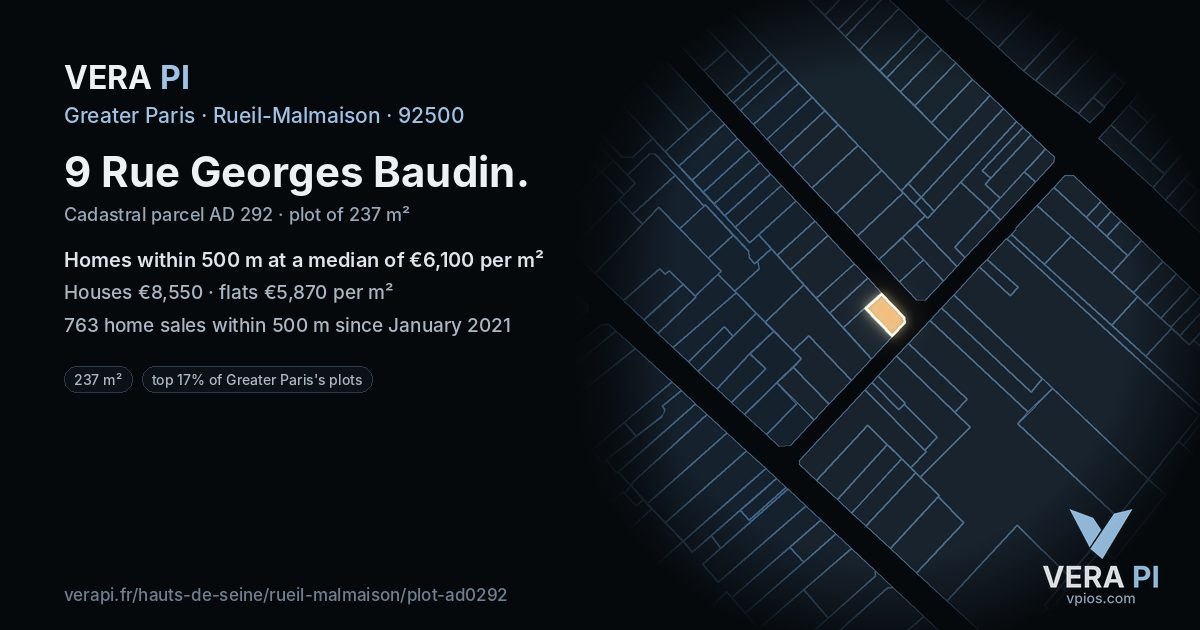 9 Rue Georges Baudin, Rueil-Malmaison at night – the plot lit, the parcels around coloured by the prices near them