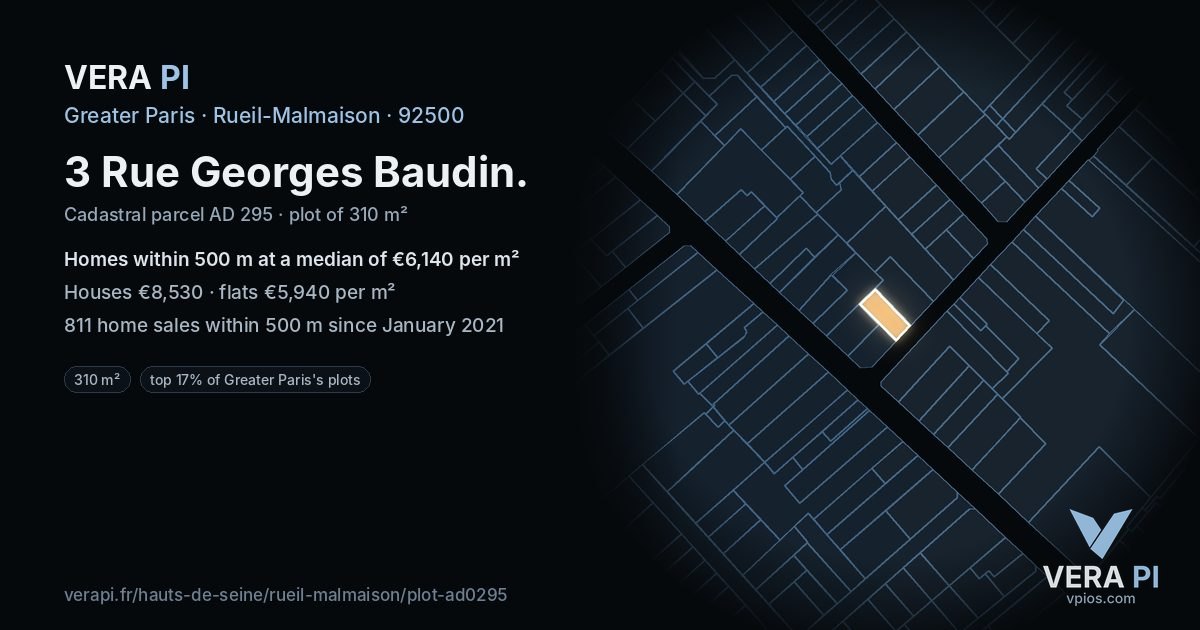 3 Rue Georges Baudin, Rueil-Malmaison at night – the plot lit, the parcels around coloured by the prices near them