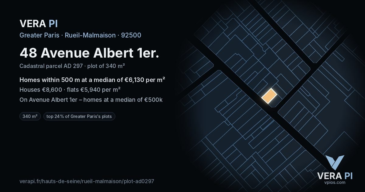 48 Avenue Albert 1er, Rueil-Malmaison at night – the plot lit, the parcels around coloured by the prices near them