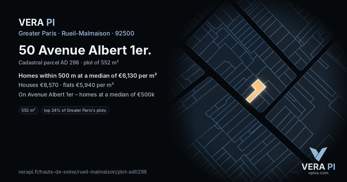 50 Avenue Albert 1er, Rueil-Malmaison at night – the plot lit, the parcels around coloured by the prices near them