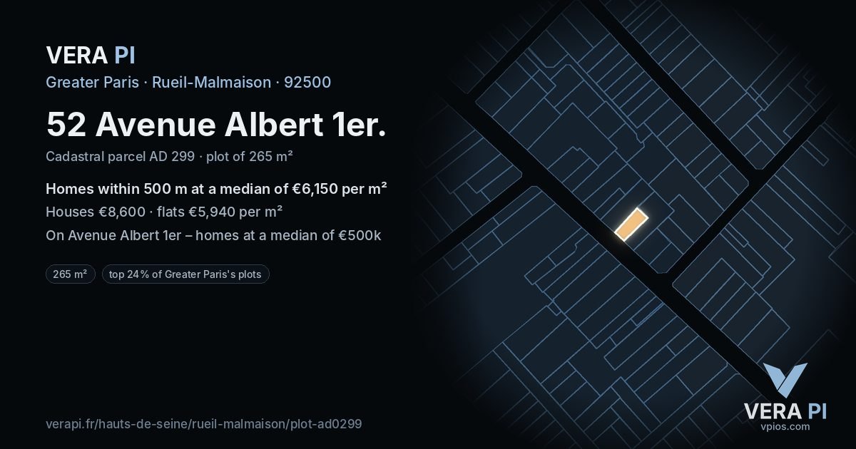 52 Avenue Albert 1er, Rueil-Malmaison at night – the plot lit, the parcels around coloured by the prices near them