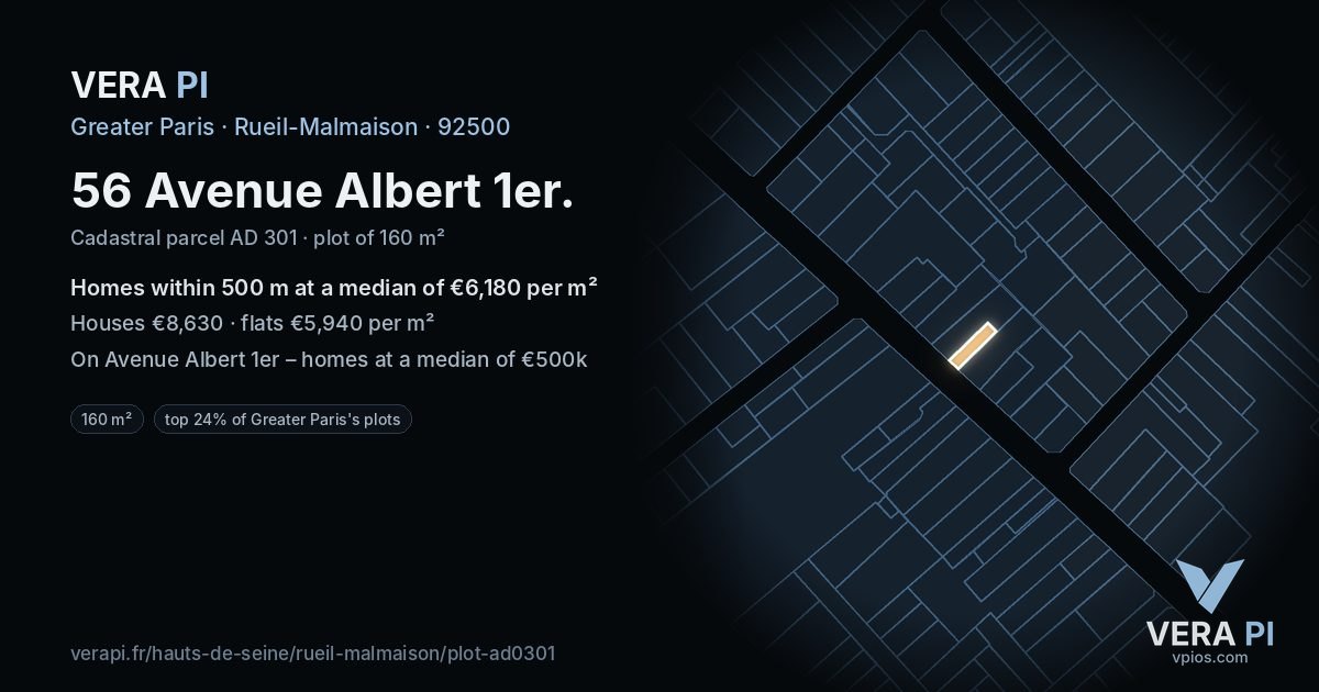 56 Avenue Albert 1er, Rueil-Malmaison at night – the plot lit, the parcels around coloured by the prices near them