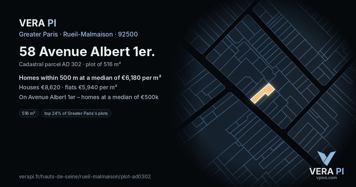 58 Avenue Albert 1er, Rueil-Malmaison at night – the plot lit, the parcels around coloured by the prices near them