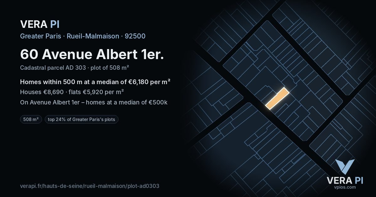 60 Avenue Albert 1er, Rueil-Malmaison at night – the plot lit, the parcels around coloured by the prices near them