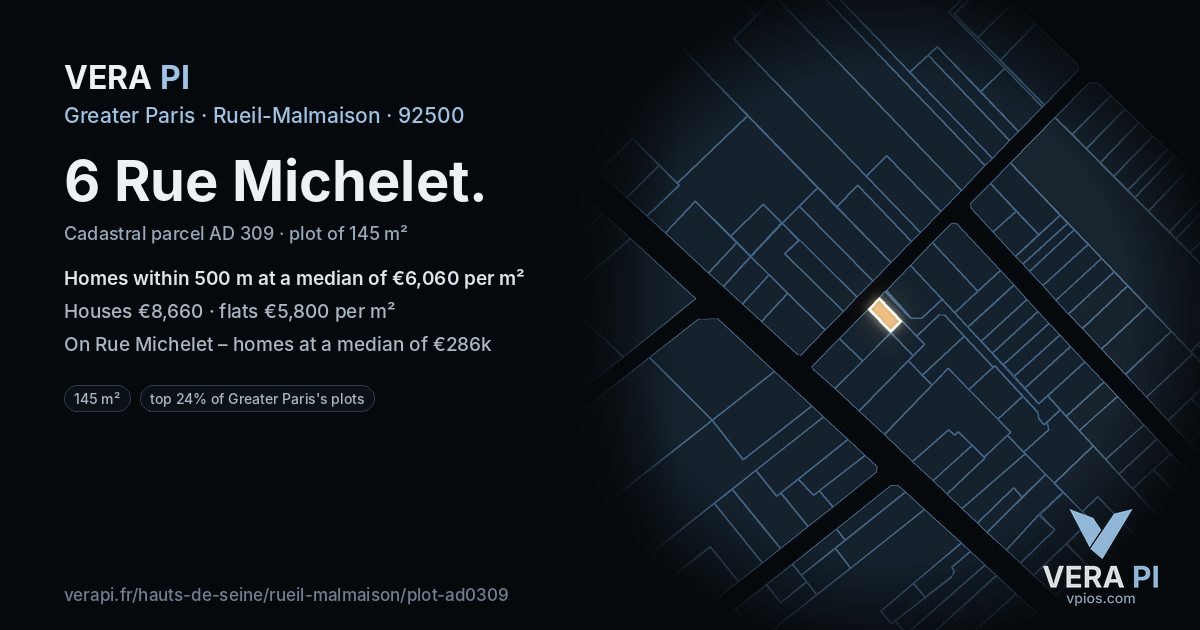 6 Rue Michelet, Rueil-Malmaison at night – the plot lit, the parcels around coloured by the prices near them