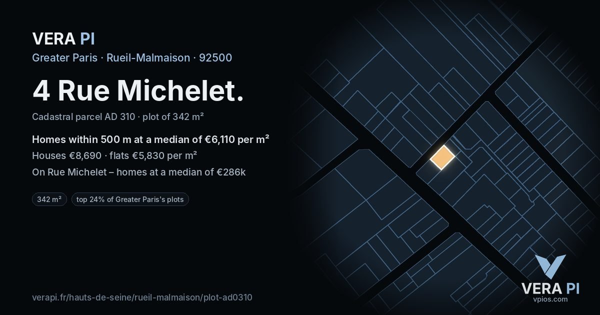 4 Rue Michelet, Rueil-Malmaison at night – the plot lit, the parcels around coloured by the prices near them