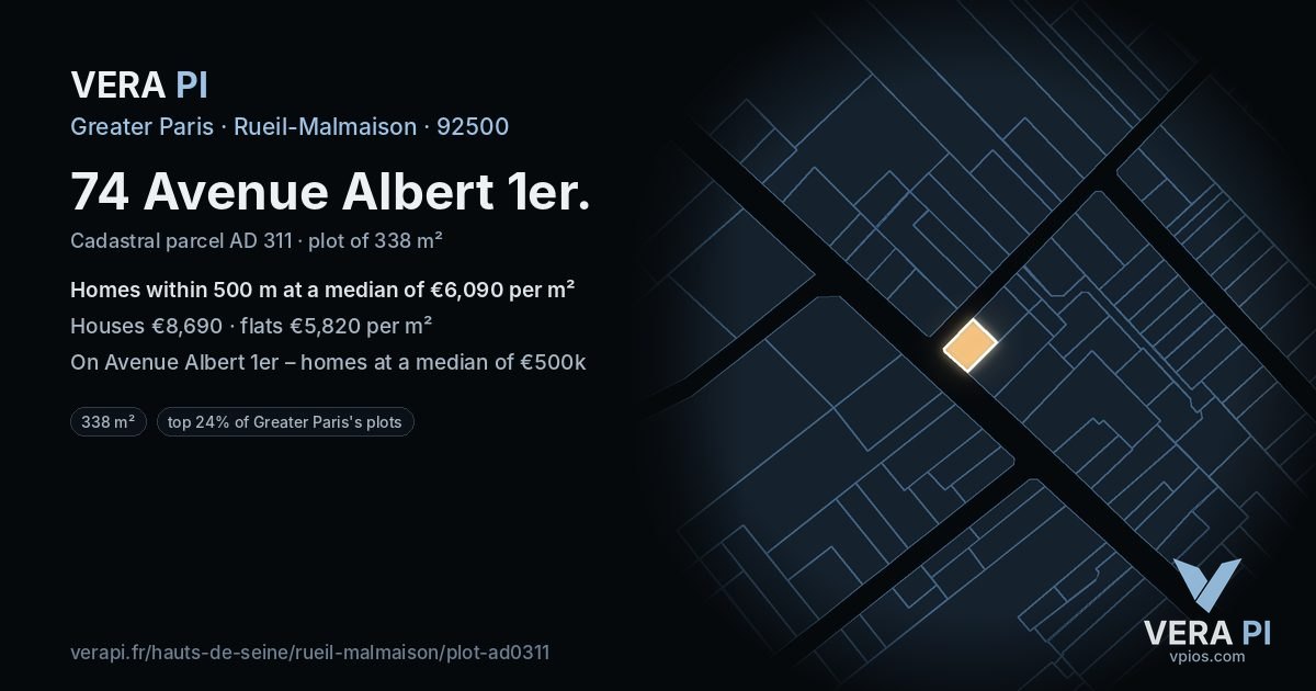 74 Avenue Albert 1er, Rueil-Malmaison at night – the plot lit, the parcels around coloured by the prices near them