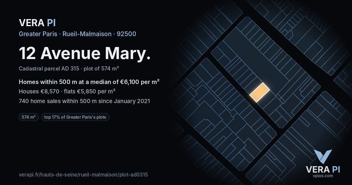 12 Avenue Mary, Rueil-Malmaison at night – the plot lit, the parcels around coloured by the prices near them