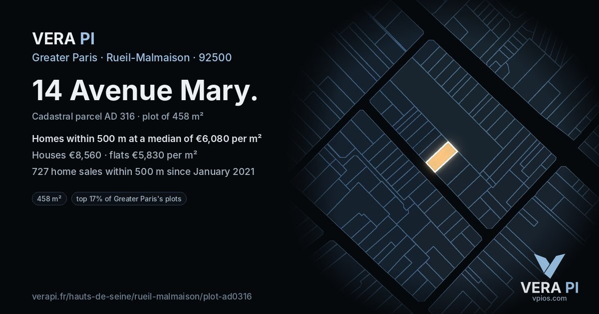 14 Avenue Mary, Rueil-Malmaison at night – the plot lit, the parcels around coloured by the prices near them