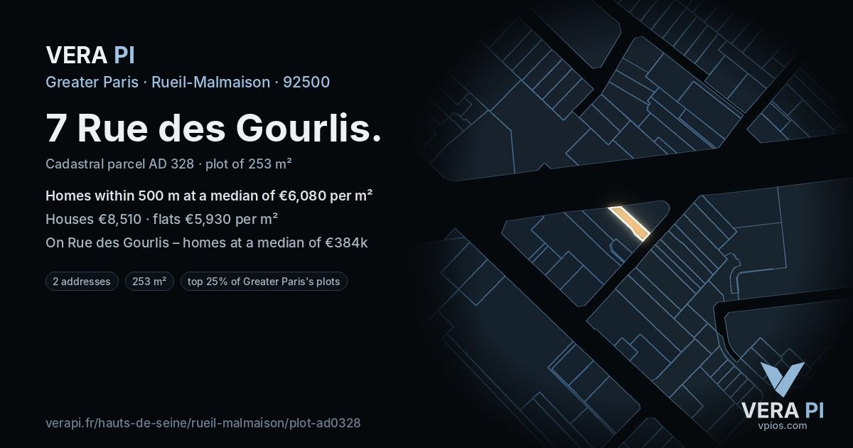 7 Rue des Gourlis, Rueil-Malmaison at night – the plot lit, the parcels around coloured by the prices near them