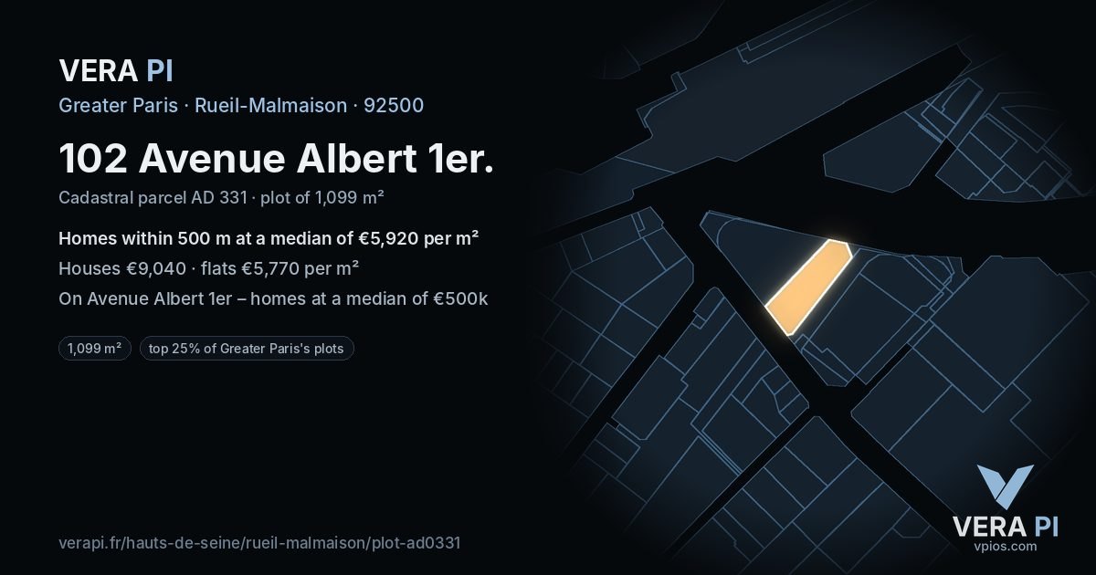 102 Avenue Albert 1er, Rueil-Malmaison at night – the plot lit, the parcels around coloured by the prices near them