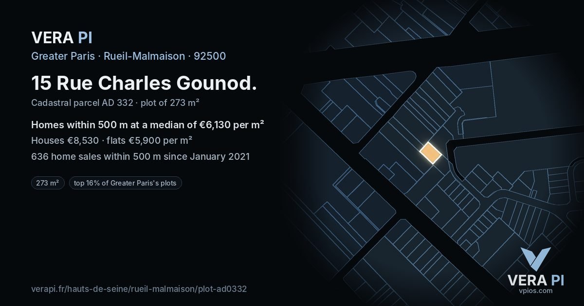 15 Rue Charles Gounod, Rueil-Malmaison at night – the plot lit, the parcels around coloured by the prices near them