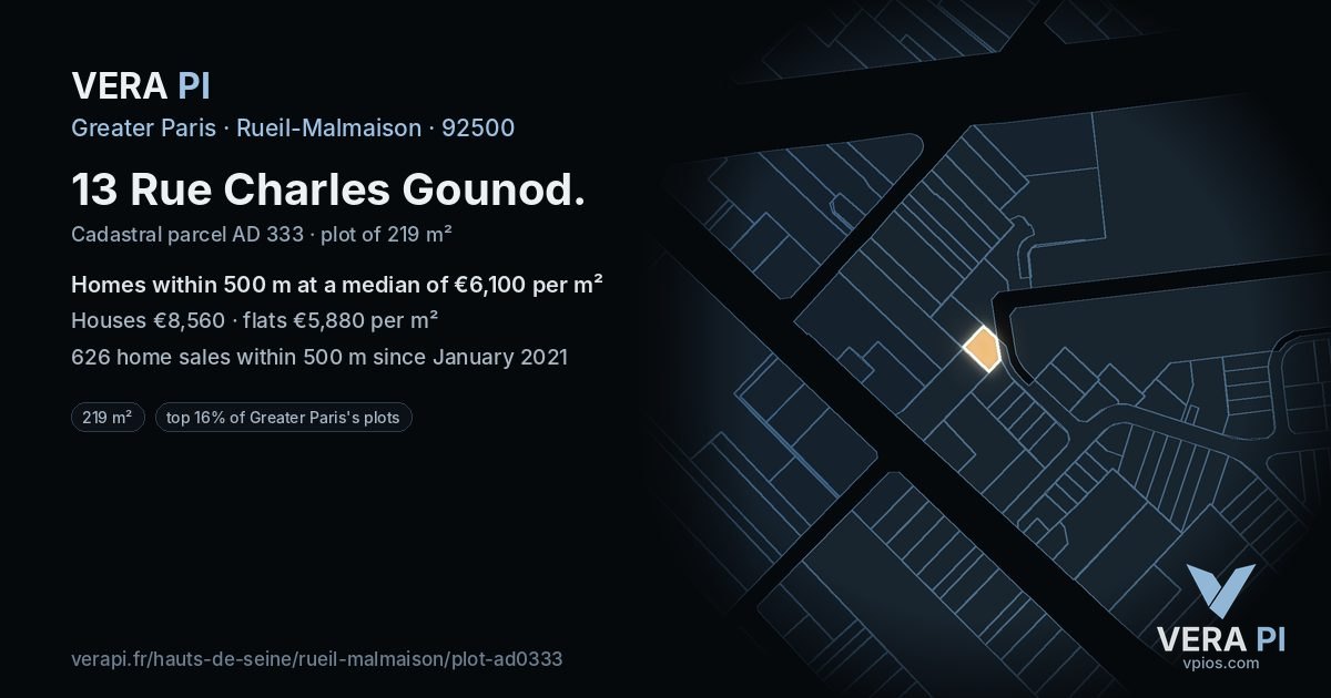 13 Rue Charles Gounod, Rueil-Malmaison at night – the plot lit, the parcels around coloured by the prices near them