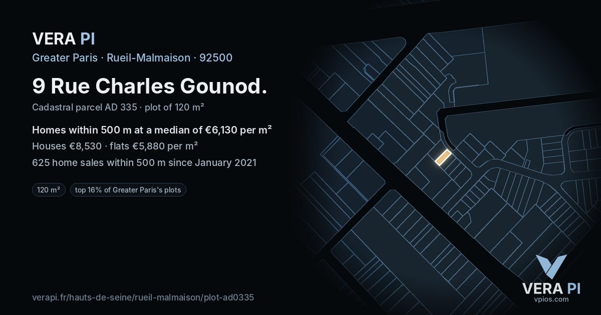 9 Rue Charles Gounod, Rueil-Malmaison at night – the plot lit, the parcels around coloured by the prices near them
