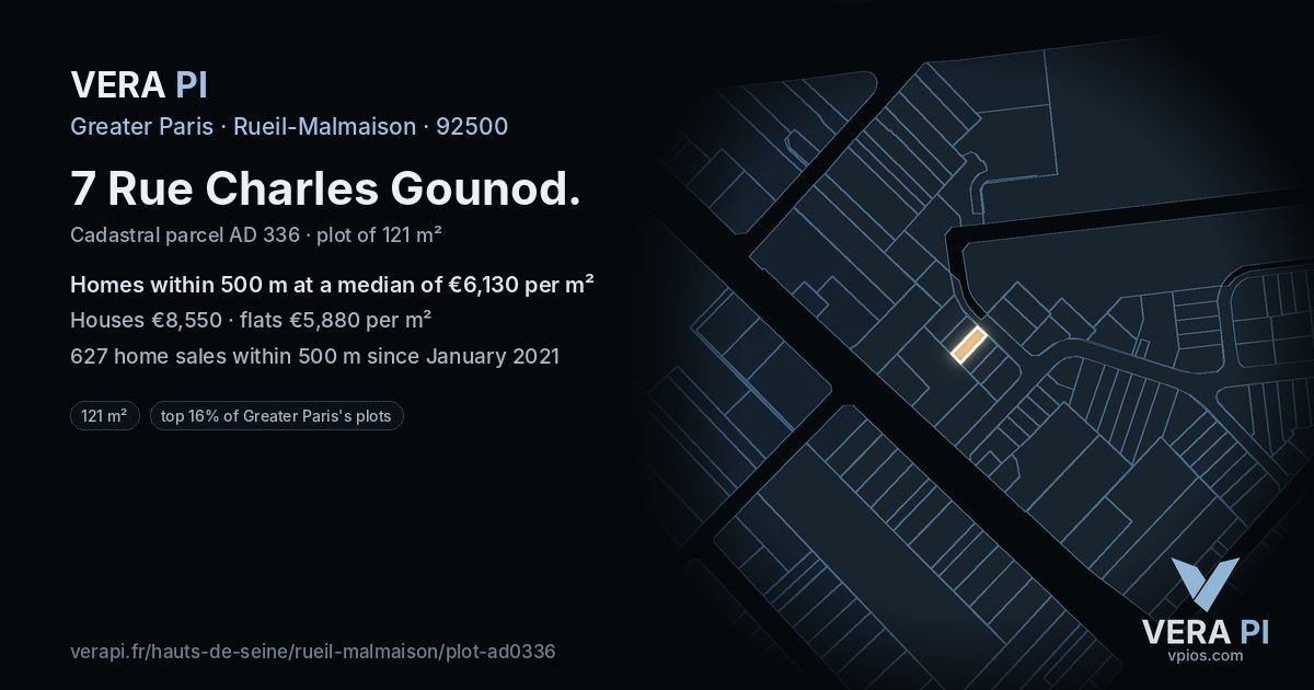 7 Rue Charles Gounod, Rueil-Malmaison at night – the plot lit, the parcels around coloured by the prices near them