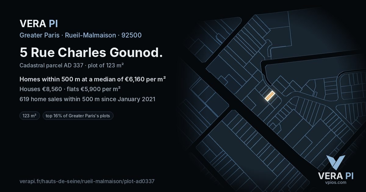 5 Rue Charles Gounod, Rueil-Malmaison at night – the plot lit, the parcels around coloured by the prices near them