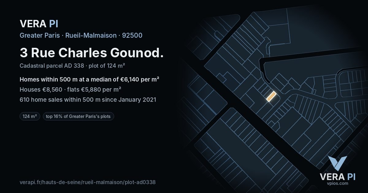 3 Rue Charles Gounod, Rueil-Malmaison at night – the plot lit, the parcels around coloured by the prices near them