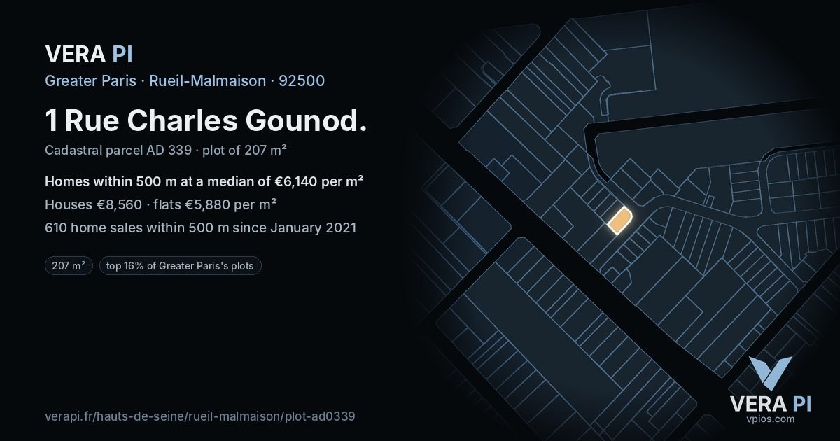 1 Rue Charles Gounod, Rueil-Malmaison at night – the plot lit, the parcels around coloured by the prices near them