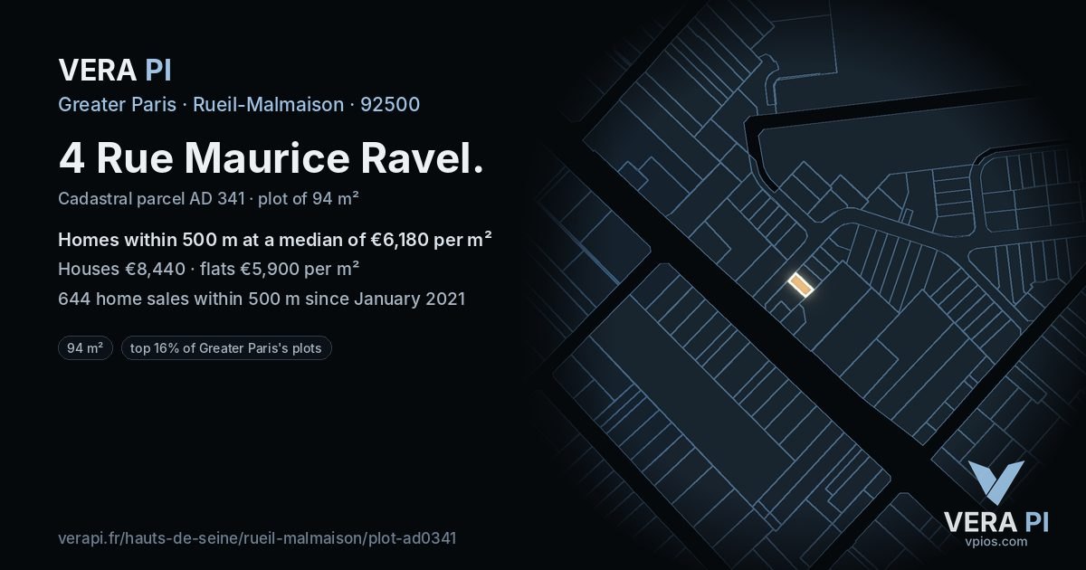 4 Rue Maurice Ravel, Rueil-Malmaison at night – the plot lit, the parcels around coloured by the prices near them