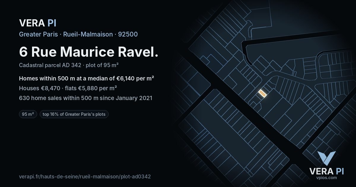 6 Rue Maurice Ravel, Rueil-Malmaison at night – the plot lit, the parcels around coloured by the prices near them