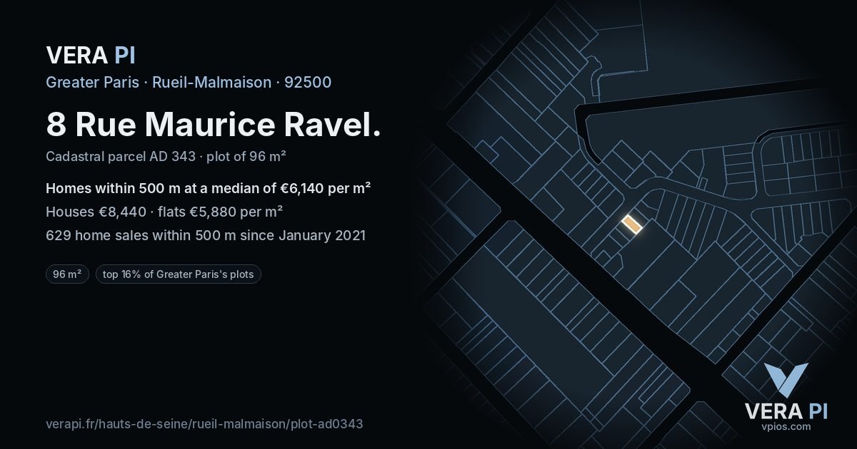 8 Rue Maurice Ravel, Rueil-Malmaison at night – the plot lit, the parcels around coloured by the prices near them