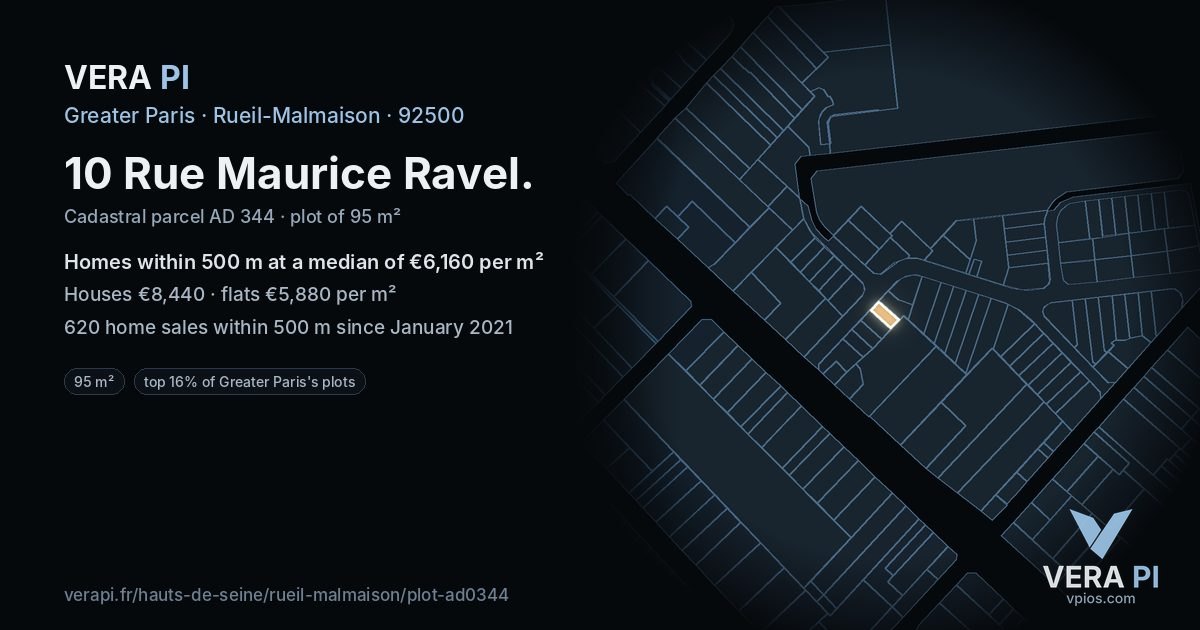 10 Rue Maurice Ravel, Rueil-Malmaison at night – the plot lit, the parcels around coloured by the prices near them