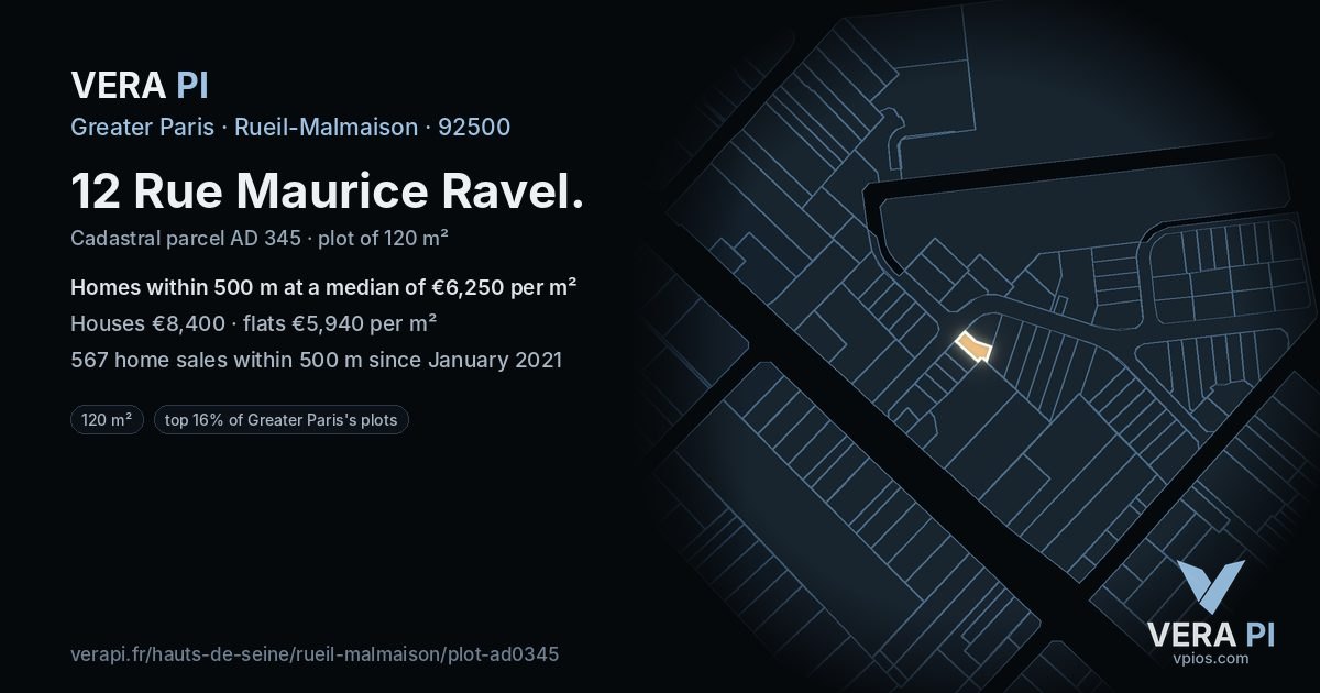12 Rue Maurice Ravel, Rueil-Malmaison at night – the plot lit, the parcels around coloured by the prices near them