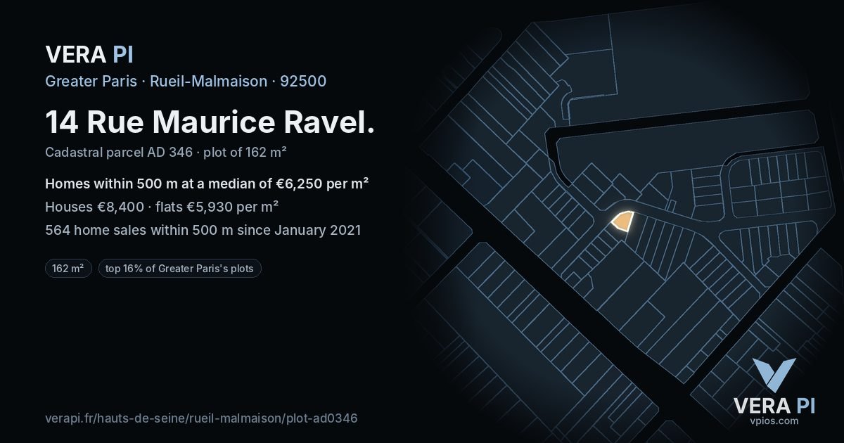 14 Rue Maurice Ravel, Rueil-Malmaison at night – the plot lit, the parcels around coloured by the prices near them