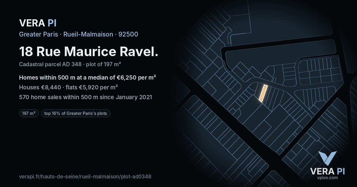 18 Rue Maurice Ravel, Rueil-Malmaison at night – the plot lit, the parcels around coloured by the prices near them