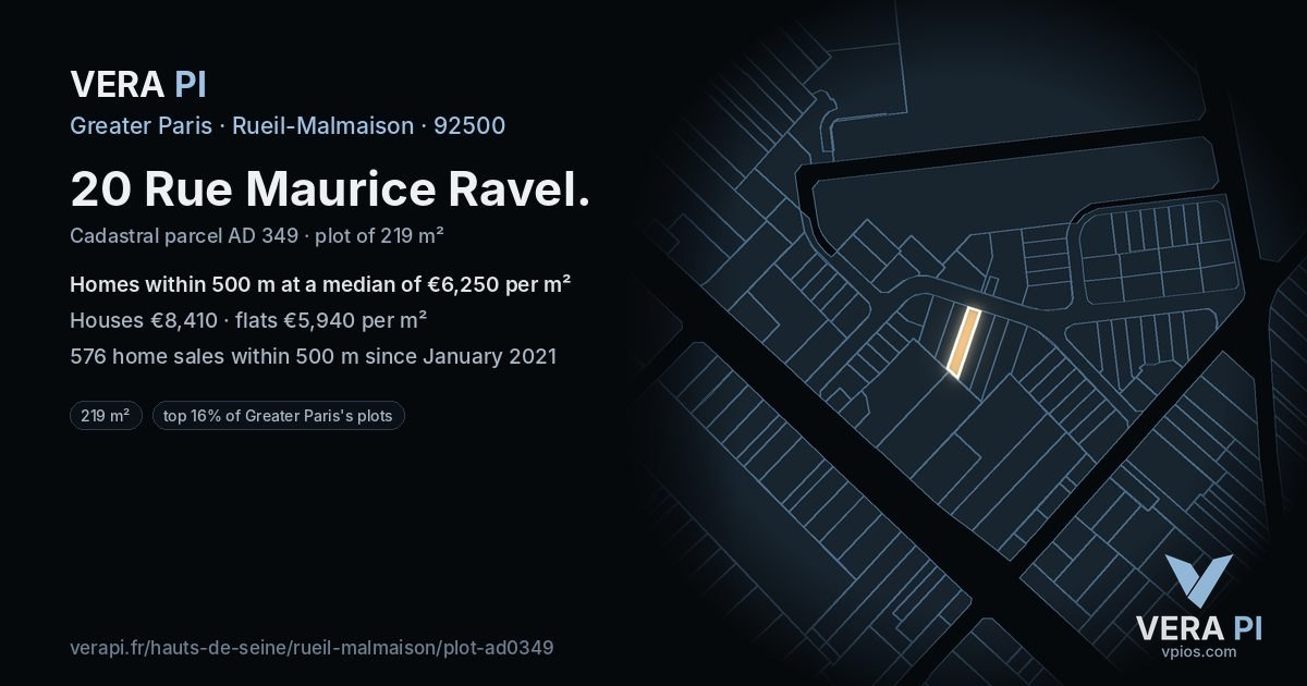 20 Rue Maurice Ravel, Rueil-Malmaison at night – the plot lit, the parcels around coloured by the prices near them
