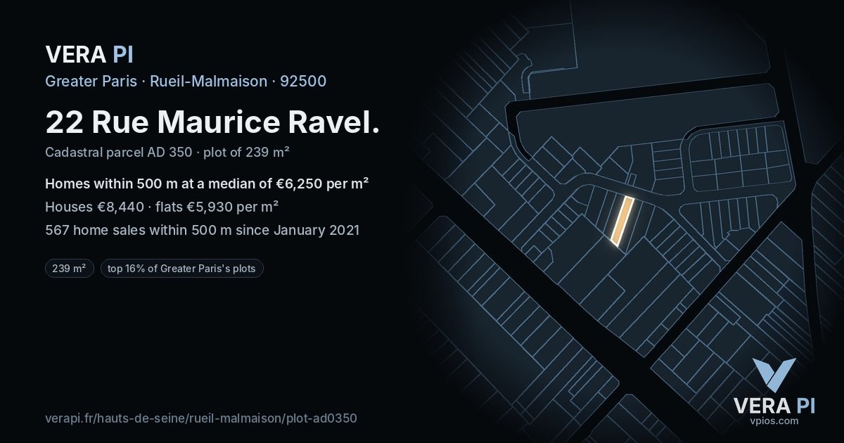 22 Rue Maurice Ravel, Rueil-Malmaison at night – the plot lit, the parcels around coloured by the prices near them