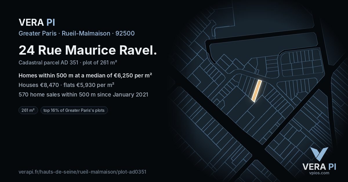 24 Rue Maurice Ravel, Rueil-Malmaison at night – the plot lit, the parcels around coloured by the prices near them