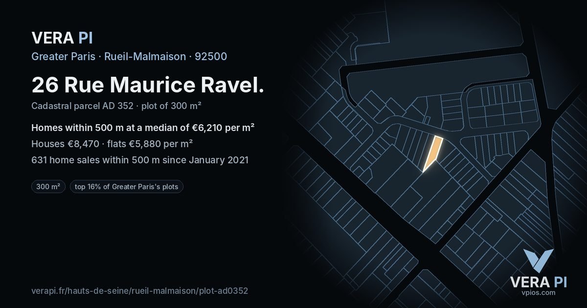 26 Rue Maurice Ravel, Rueil-Malmaison at night – the plot lit, the parcels around coloured by the prices near them