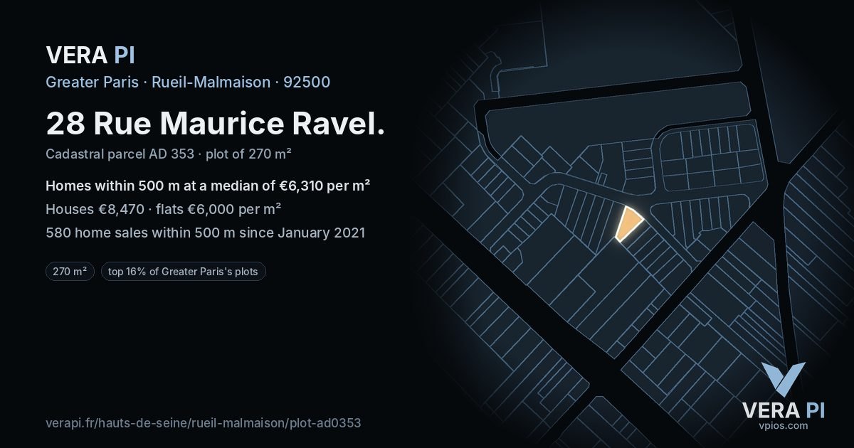 28 Rue Maurice Ravel, Rueil-Malmaison at night – the plot lit, the parcels around coloured by the prices near them