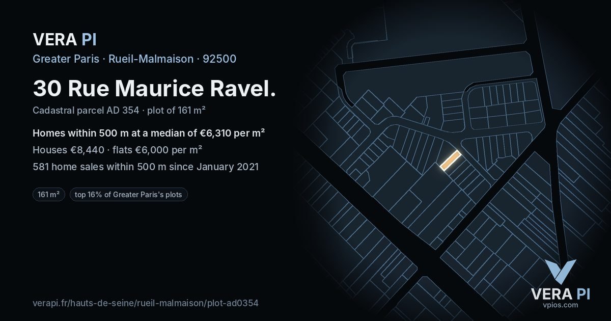 30 Rue Maurice Ravel, Rueil-Malmaison at night – the plot lit, the parcels around coloured by the prices near them