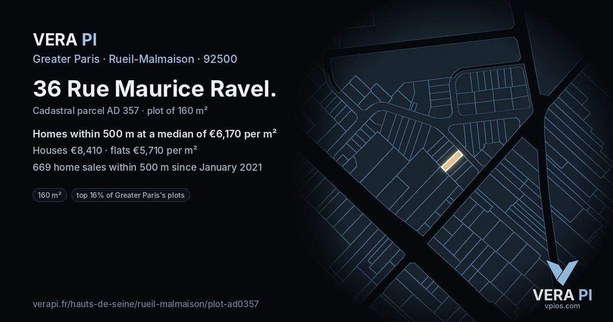 36 Rue Maurice Ravel, Rueil-Malmaison at night – the plot lit, the parcels around coloured by the prices near them
