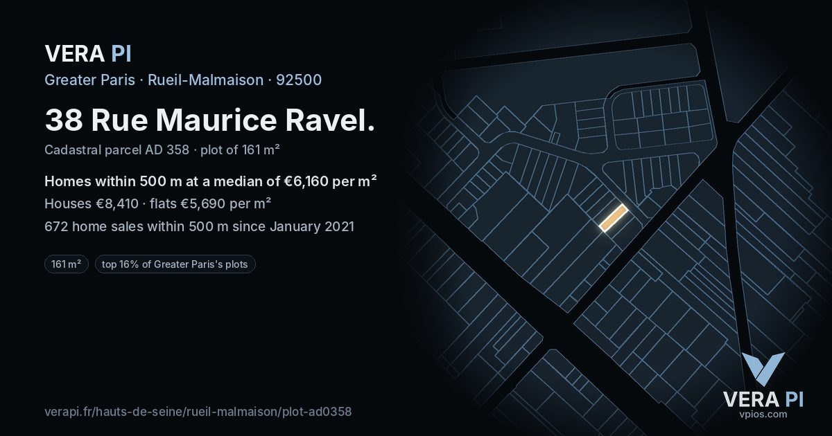 38 Rue Maurice Ravel, Rueil-Malmaison at night – the plot lit, the parcels around coloured by the prices near them