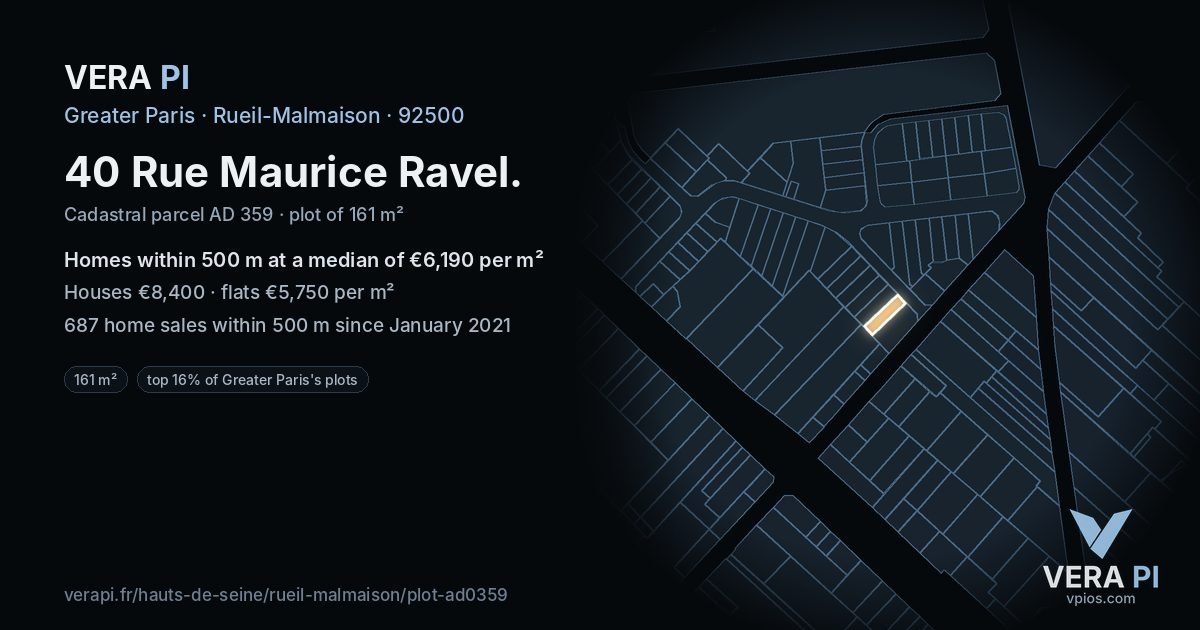 40 Rue Maurice Ravel, Rueil-Malmaison at night – the plot lit, the parcels around coloured by the prices near them