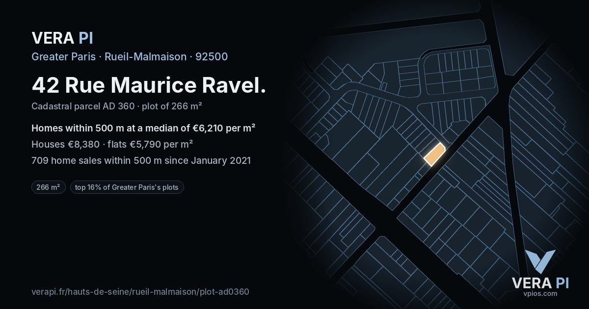 42 Rue Maurice Ravel, Rueil-Malmaison at night – the plot lit, the parcels around coloured by the prices near them
