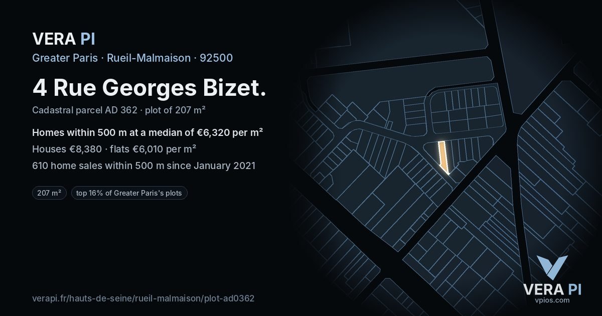 4 Rue Georges Bizet, Rueil-Malmaison at night – the plot lit, the parcels around coloured by the prices near them