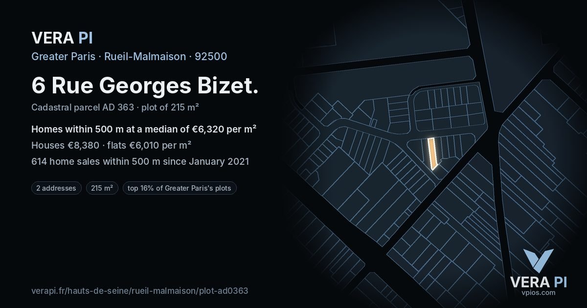 6 Rue Georges Bizet, Rueil-Malmaison at night – the plot lit, the parcels around coloured by the prices near them