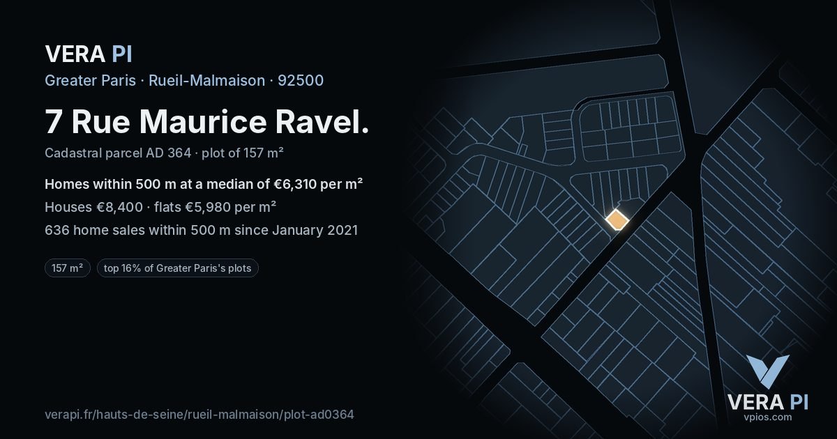 7 Rue Maurice Ravel, Rueil-Malmaison at night – the plot lit, the parcels around coloured by the prices near them