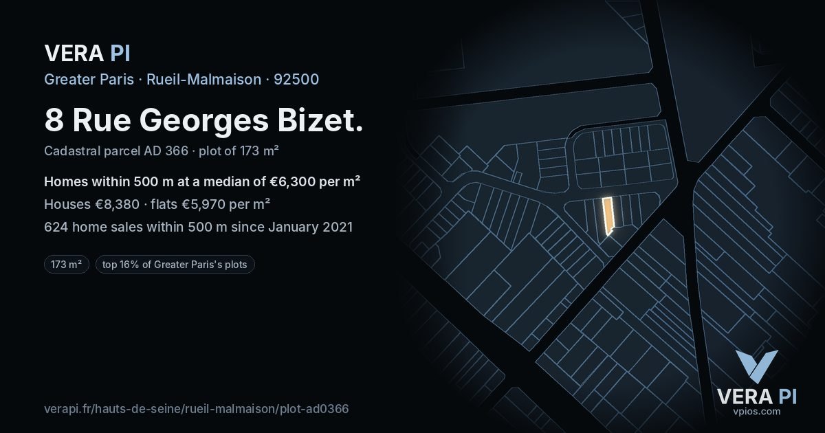 8 Rue Georges Bizet, Rueil-Malmaison at night – the plot lit, the parcels around coloured by the prices near them