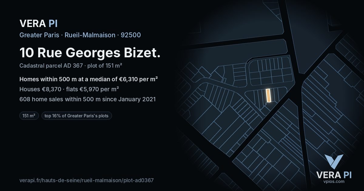 10 Rue Georges Bizet, Rueil-Malmaison at night – the plot lit, the parcels around coloured by the prices near them