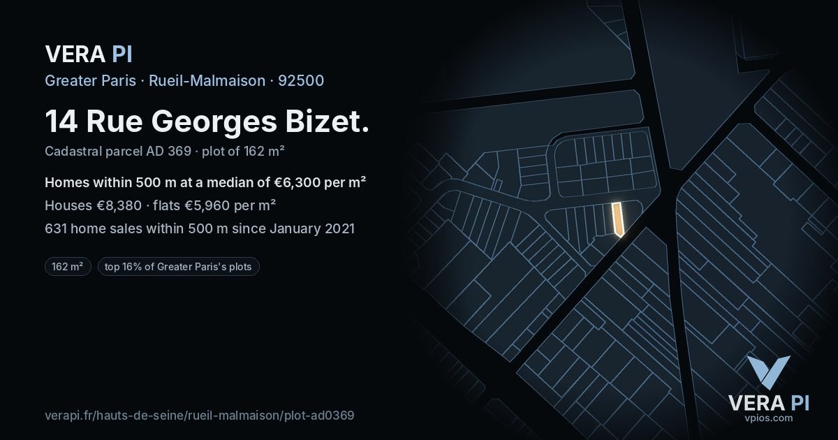 14 Rue Georges Bizet, Rueil-Malmaison at night – the plot lit, the parcels around coloured by the prices near them