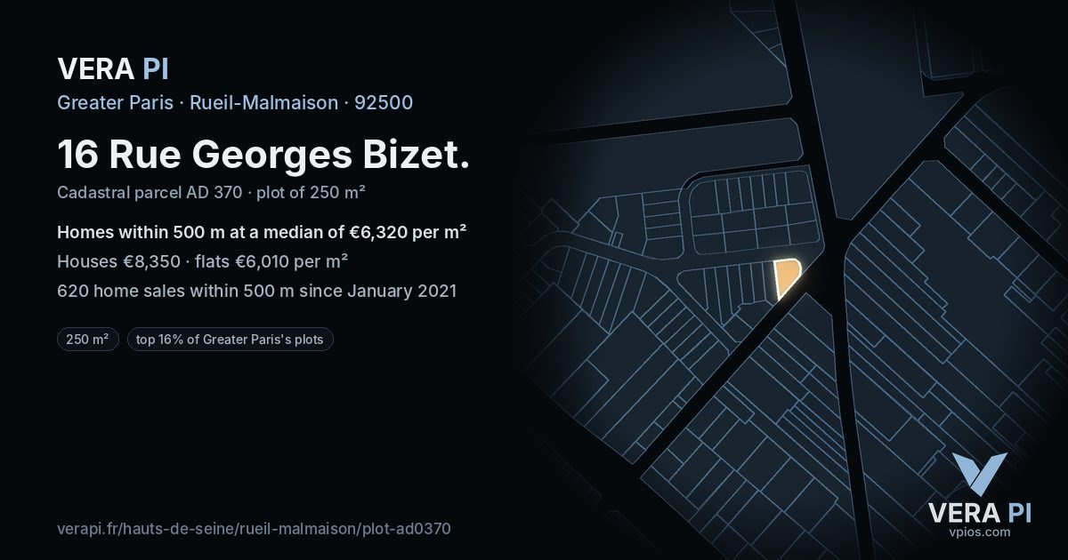 16 Rue Georges Bizet, Rueil-Malmaison at night – the plot lit, the parcels around coloured by the prices near them