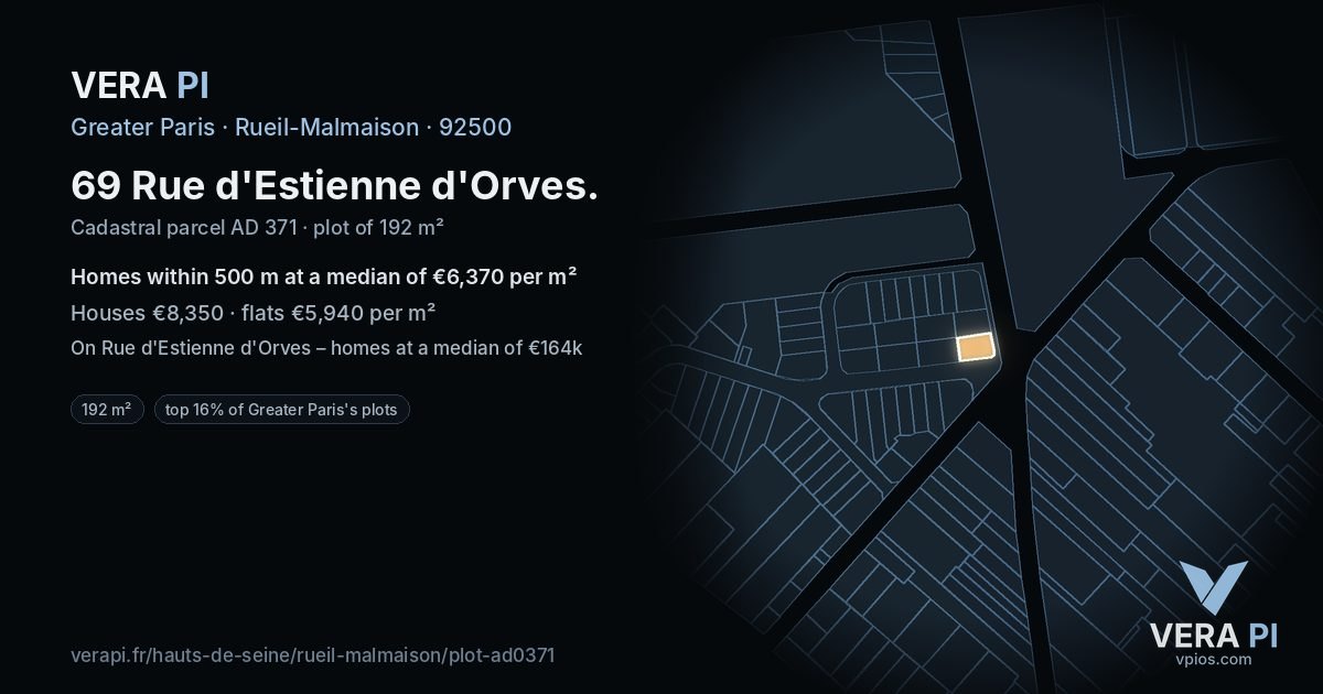 69 Rue d'Estienne d'Orves, Rueil-Malmaison at night – the plot lit, the parcels around coloured by the prices near them