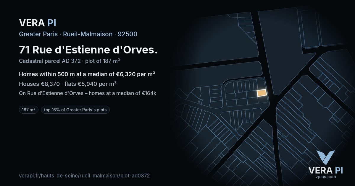 71 Rue d'Estienne d'Orves, Rueil-Malmaison at night – the plot lit, the parcels around coloured by the prices near them